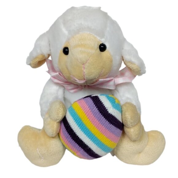 Atico White Lamb Spring Gingham Bow Plush 8.5" - Picture 1 of 6